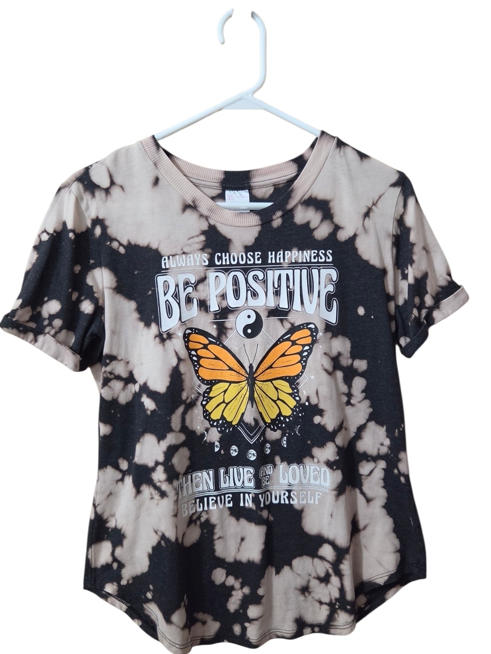 No Boundaries Black and Beige Tie-Dye "Be Positive" Butterfly Graphic Tee